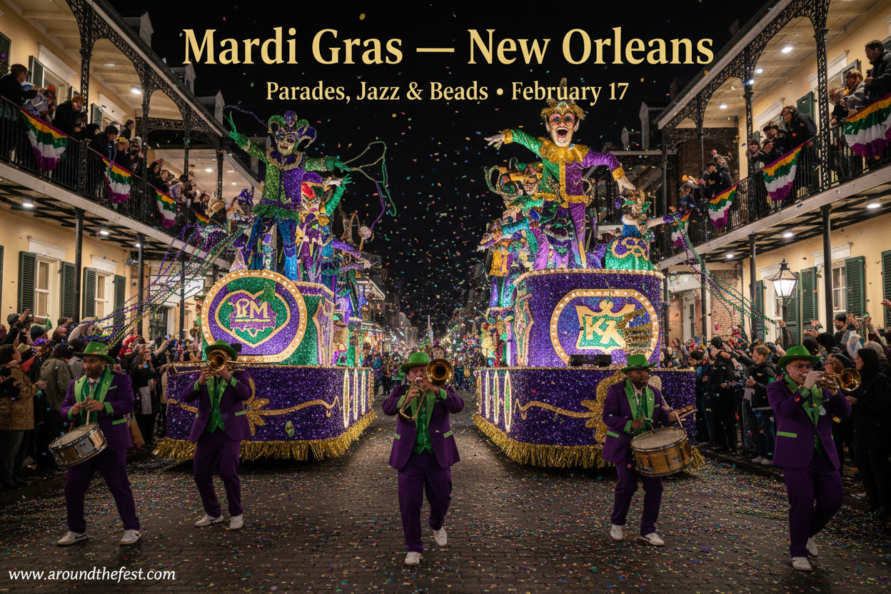 Mardi Gras celebration in New Orleans in February 2026 with colorful parade floats, jazz musicians, and crowds catching beads in the French Quarter