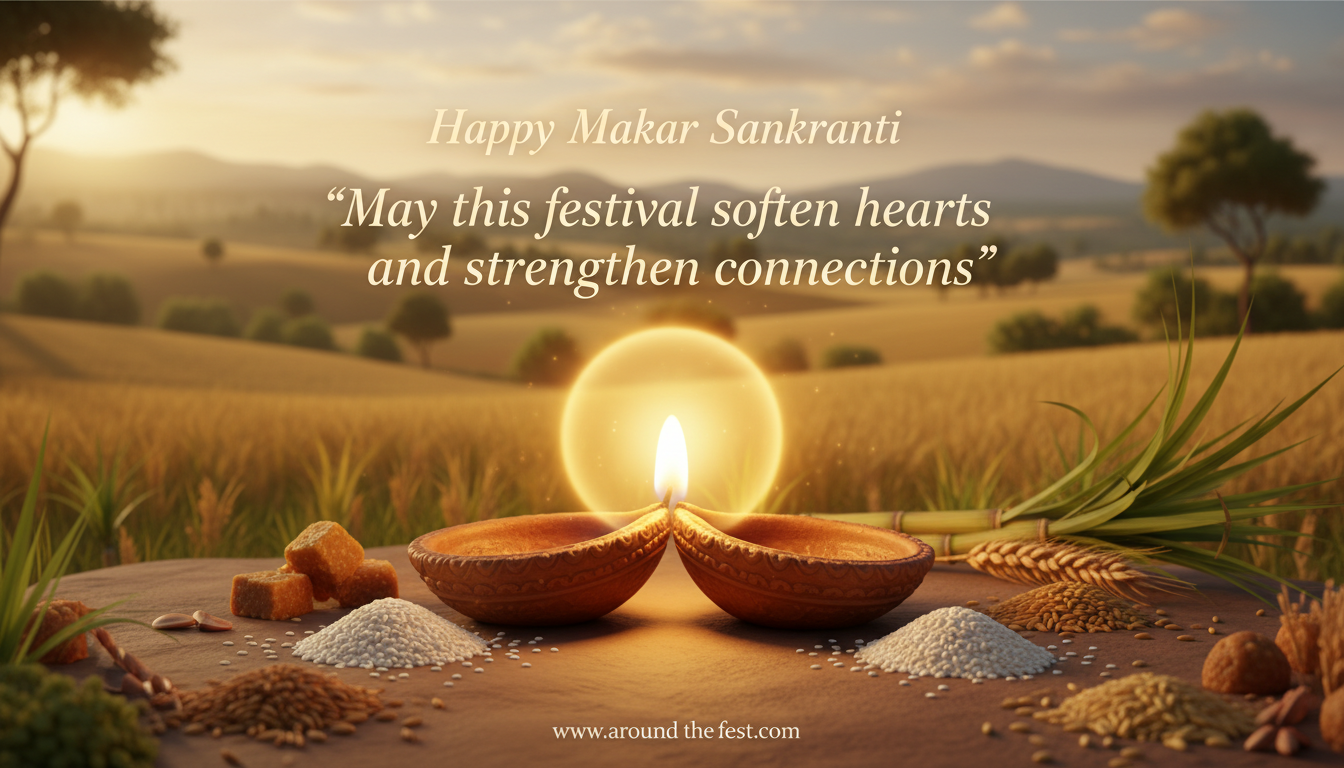 Makar Sankranti image with two diyas glowing together at sunrise, symbolizing softened hearts, unity, and stronger connections