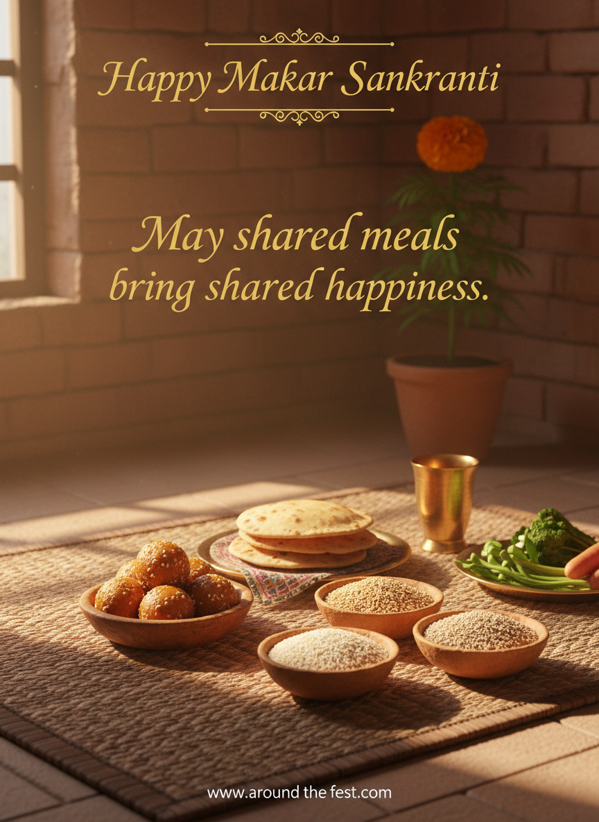 Makar Sankranti image showing traditional shared meal with til gud sweets and earthen bowls, symbolizing happiness and togetherness