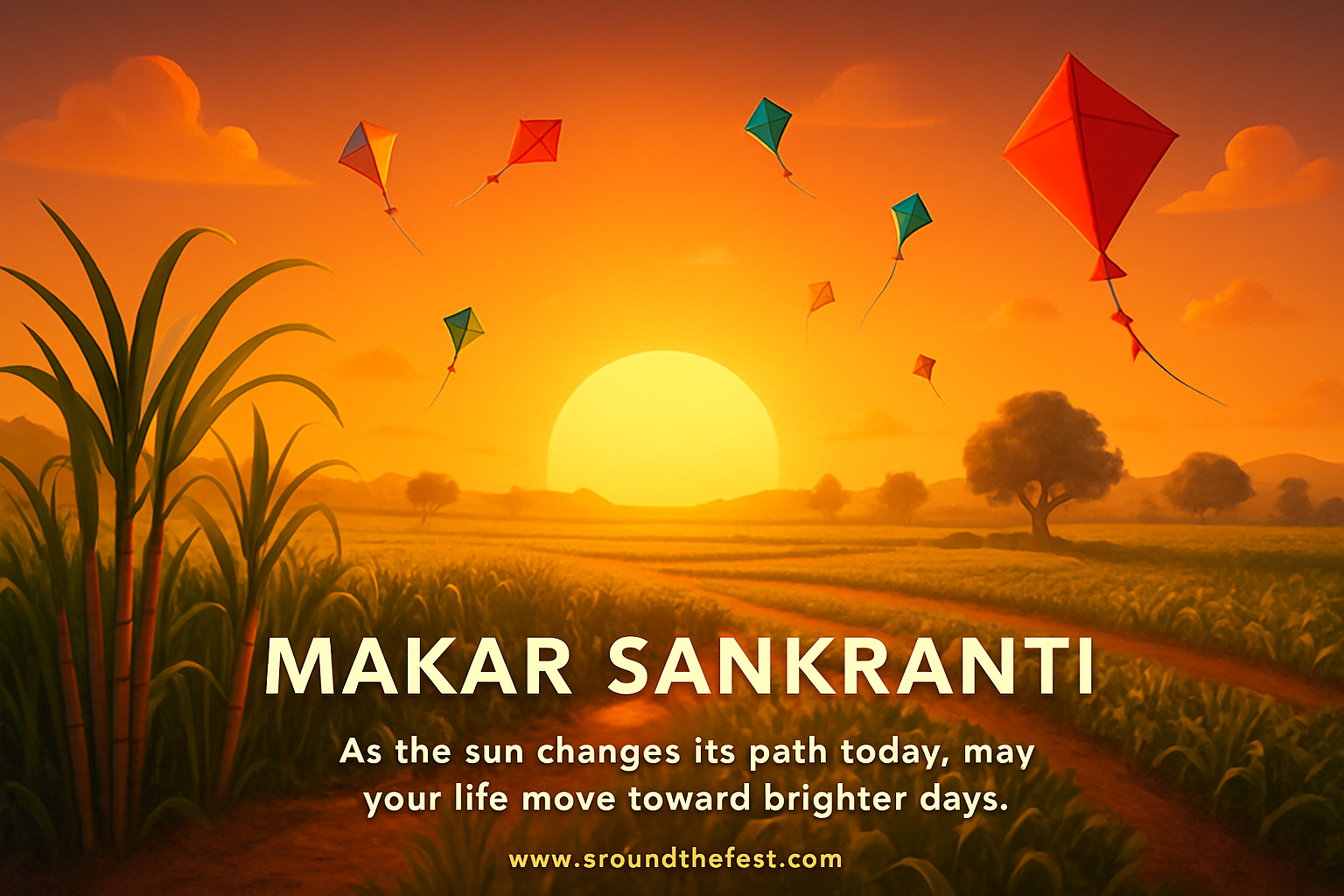 Happy Makar Sankranti sunrise image with Indian harvest fields and inspirational quote about renewal, positivity, and fresh beginnings