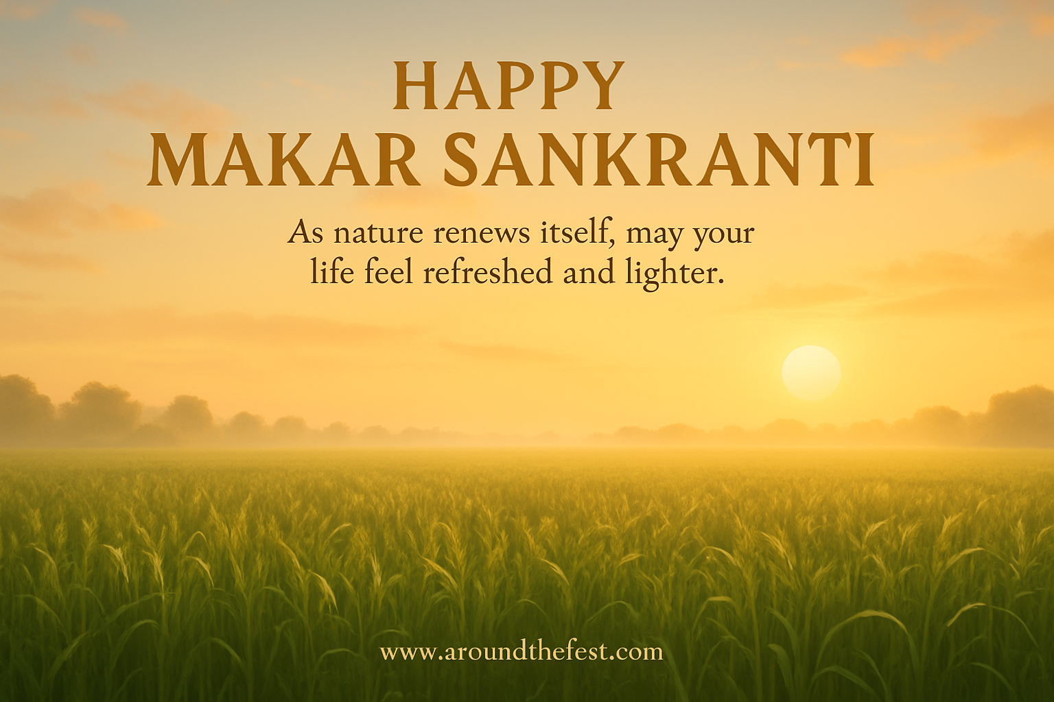 Happy Makar Sankranti sunrise image with Indian harvest fields and inspirational quote about renewal, positivity, and fresh beginnings