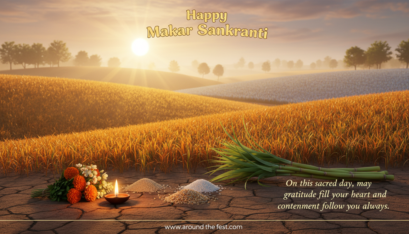 Sacred Makar Sankranti sunrise scene with diya, harvest offerings, and a gratitude quote symbolizing peace, contentment, and spiritual renewal