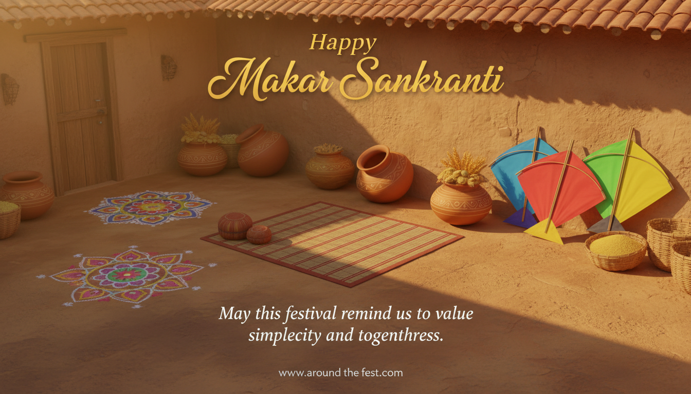 Makar Sankranti courtyard scene with traditional rangoli, earthen pots, harvest grains, and a quote about simplicity and togetherness