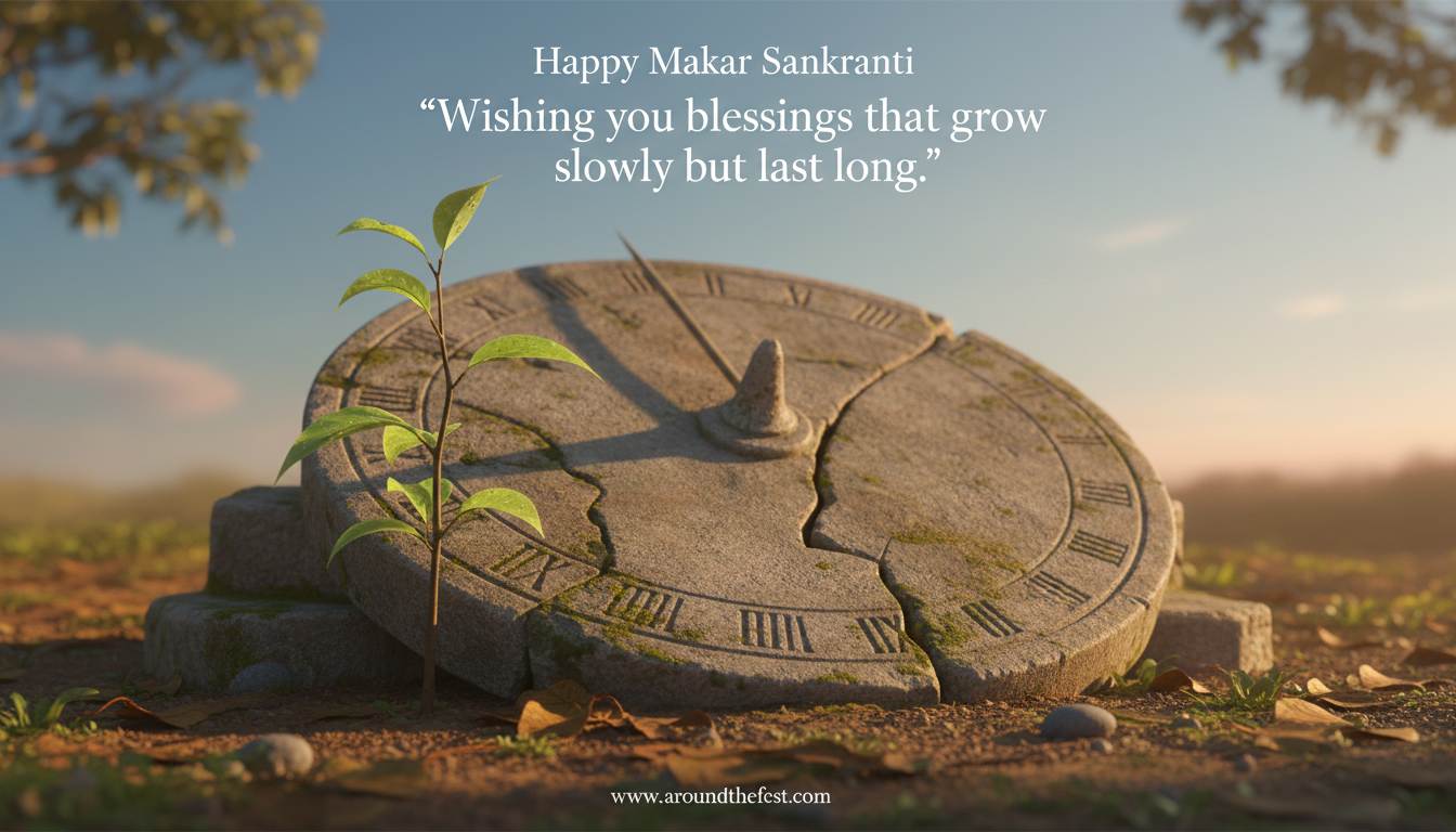 Makar Sankranti symbolic image showing a young sapling growing beside ancient stone steps in sunrise light, representing slow growth and lasting blessings