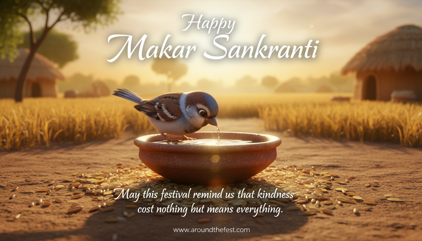 Makar Sankranti symbolic image of a bird drinking water from an earthen bowl at sunrise, representing kindness, compassion, and simple goodness