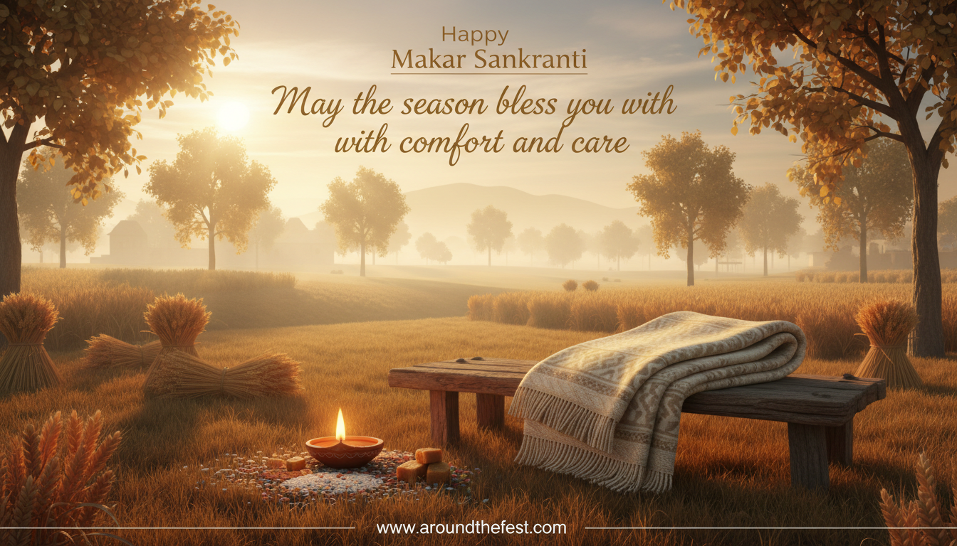 seasonal image with warm sunlight, diya, and winter tones symbolizing comfort, care, and gentle blessings