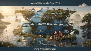 “Wetlands: Nature’s Blueprint for Life” banner featuring children planting and caring for a vibrant wetland ecosystem