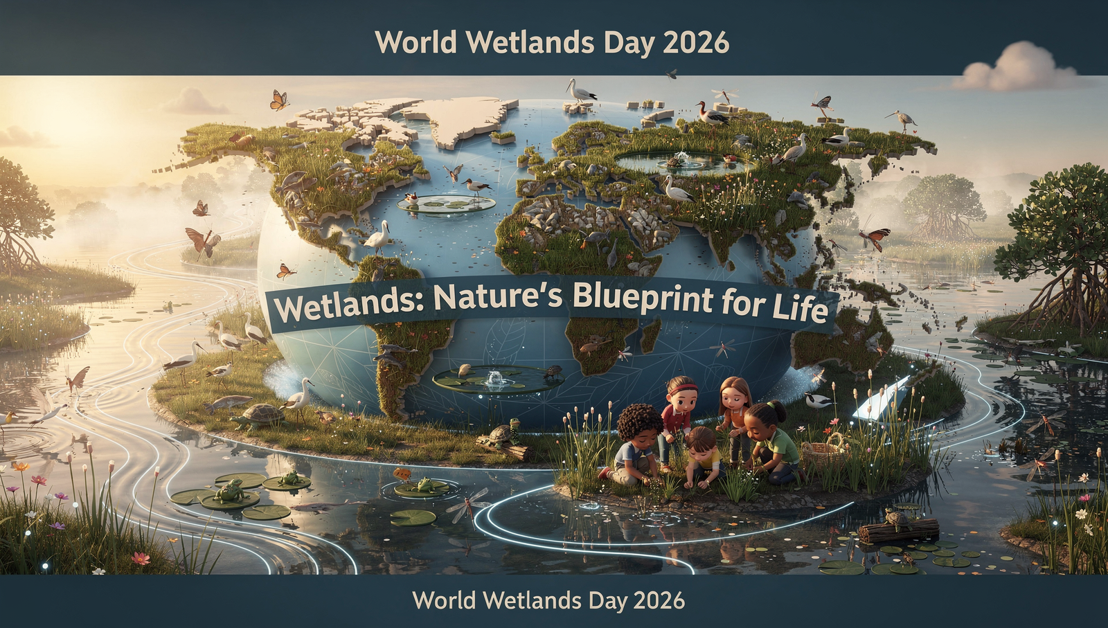 “Wetlands: Nature’s Blueprint for Life” banner featuring children planting and caring for a vibrant wetland ecosystem