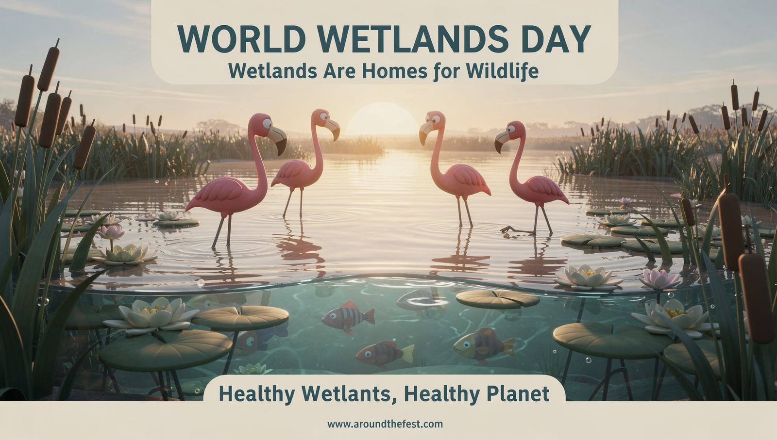 Nature-based World Wetlands Day poster showing river delta wetlands with birds, fish, and sunrise