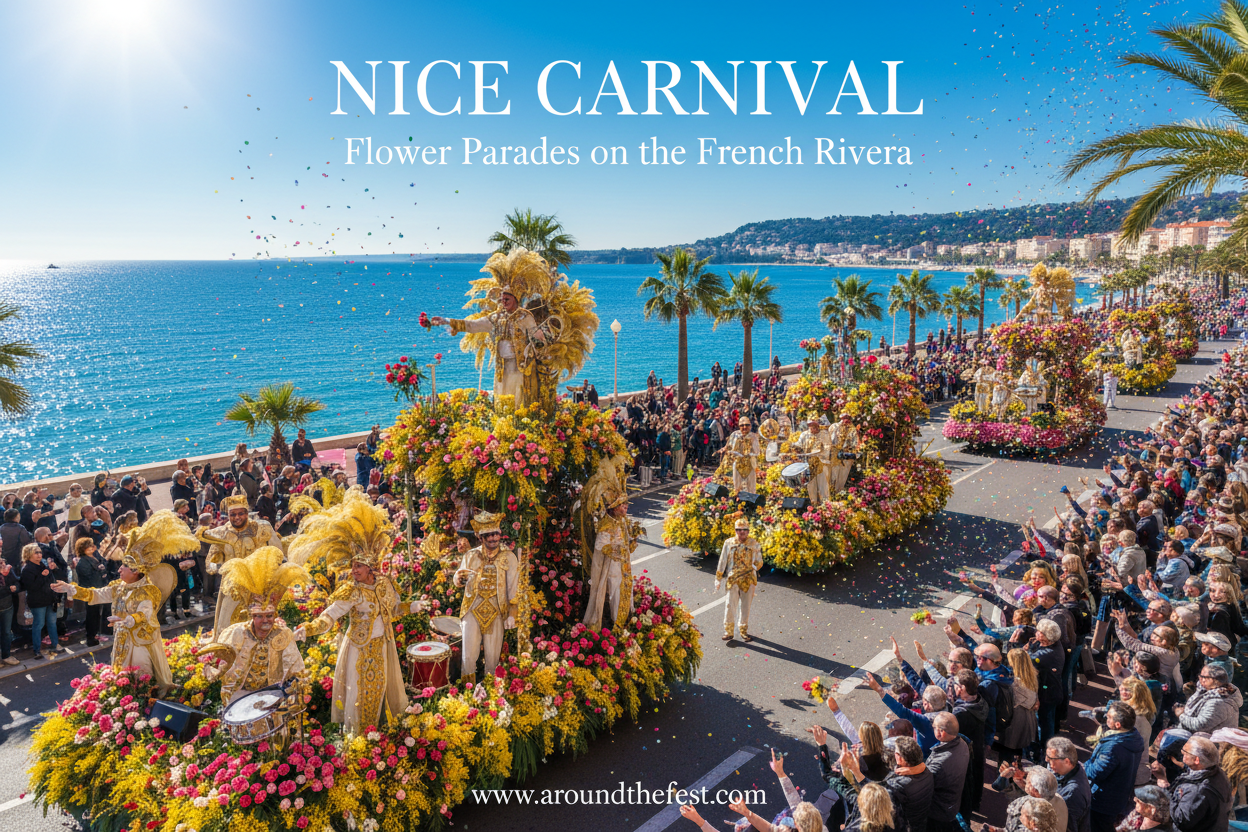 Nice Carnival flower parade in February 2026 with colorful floats, performers throwing flowers, and Mediterranean coastline in France