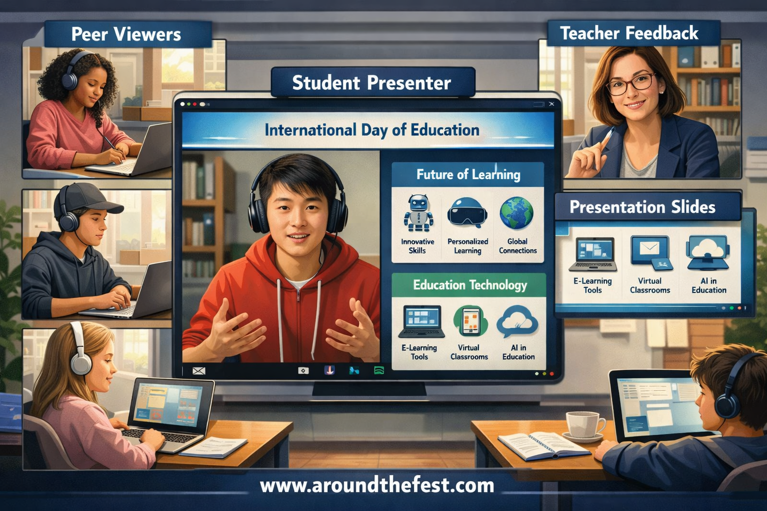 Student giving an online presentation about education topics while classmates watch and teacher prepares feedback in a virtual classroom.