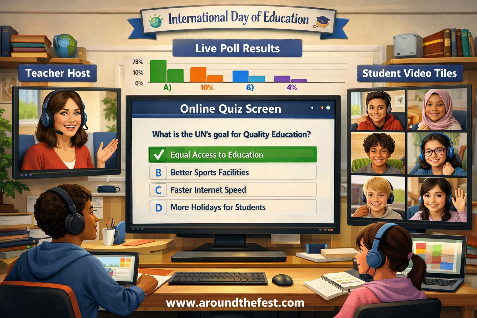 Students participating in an online quiz about education in a virtual classroom during International Day of Education, with teacher hosting the session.