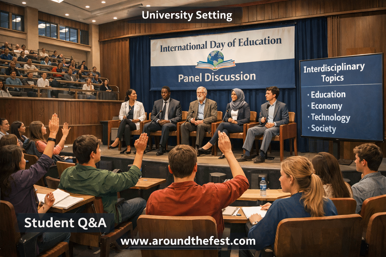 College students attending a panel discussion with professors on International Day of Education, asking questions about education, economy, technology, and social equality in a university seminar hall.
