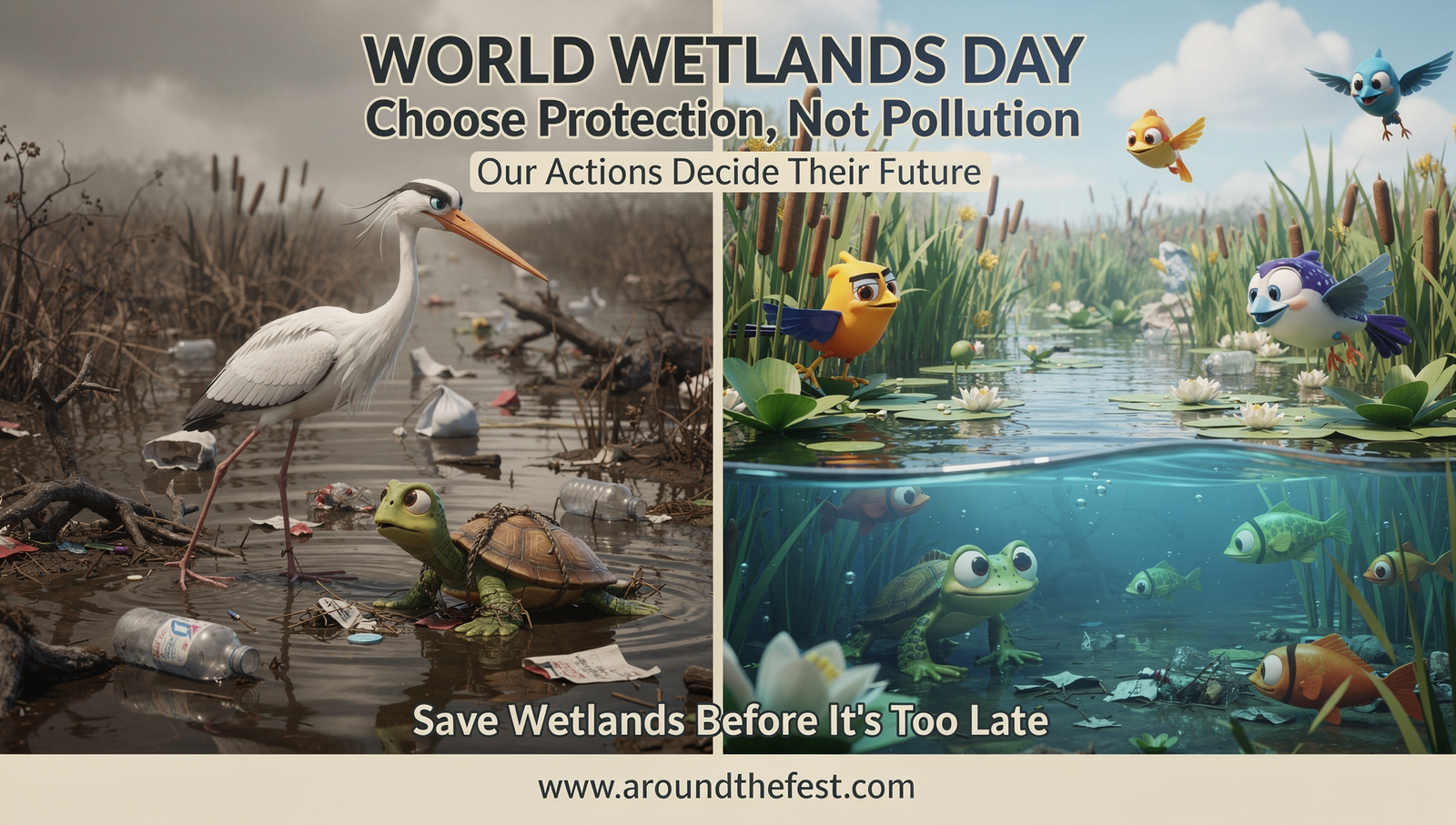 World Wetlands Day awareness poster illustrating impact of pollution and conservation