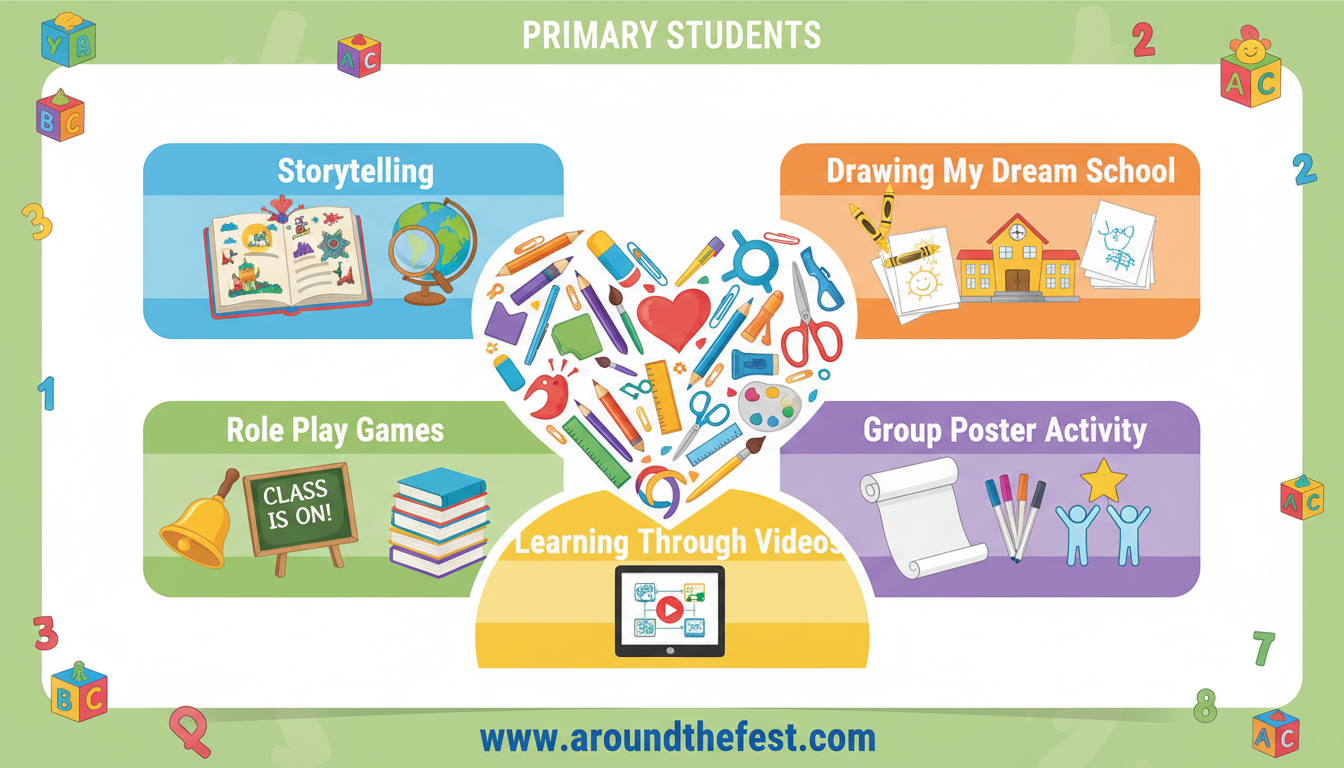 International Day of Education activities for primary students showing creative classroom learning with books, art and group tasks