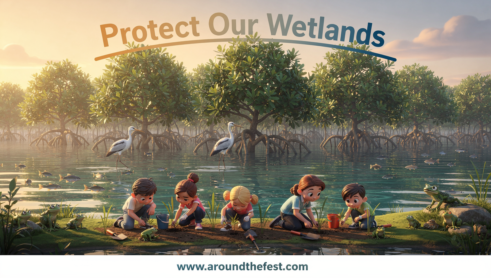 poster featuring children planting wetland vegetation with healthy water and wildlife