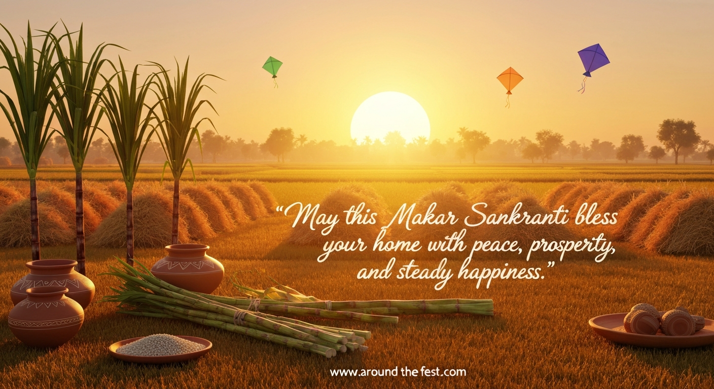 Makar Sankranti sunrise image with traditional Indian harvest elements and a blessing quote about peace, prosperity, and happiness