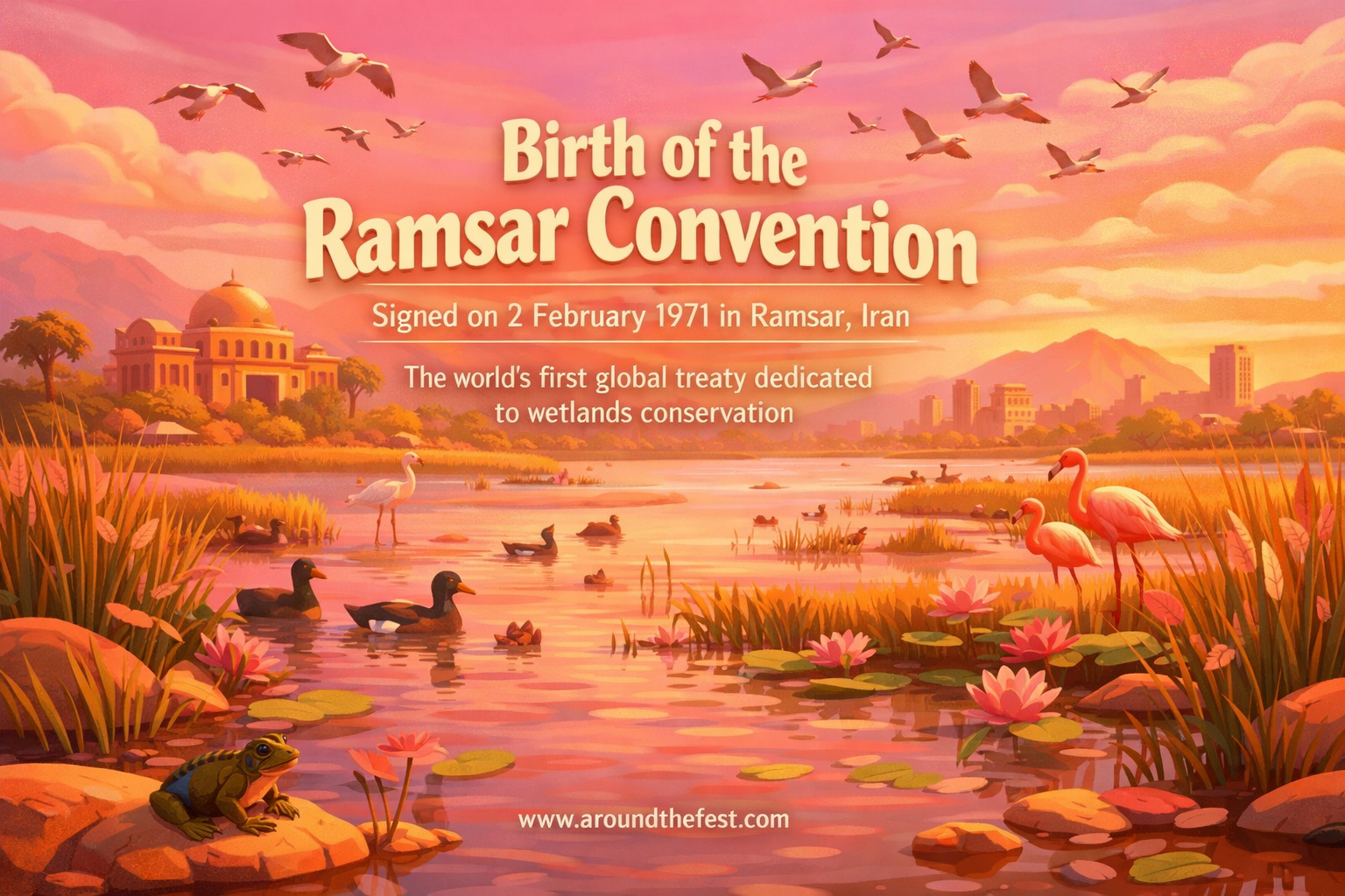 Birth of the Ramsar Convention 1971 illustration showing wetlands near the Caspian Sea in Iran symbolizing the first global treaty for wetlands conservation