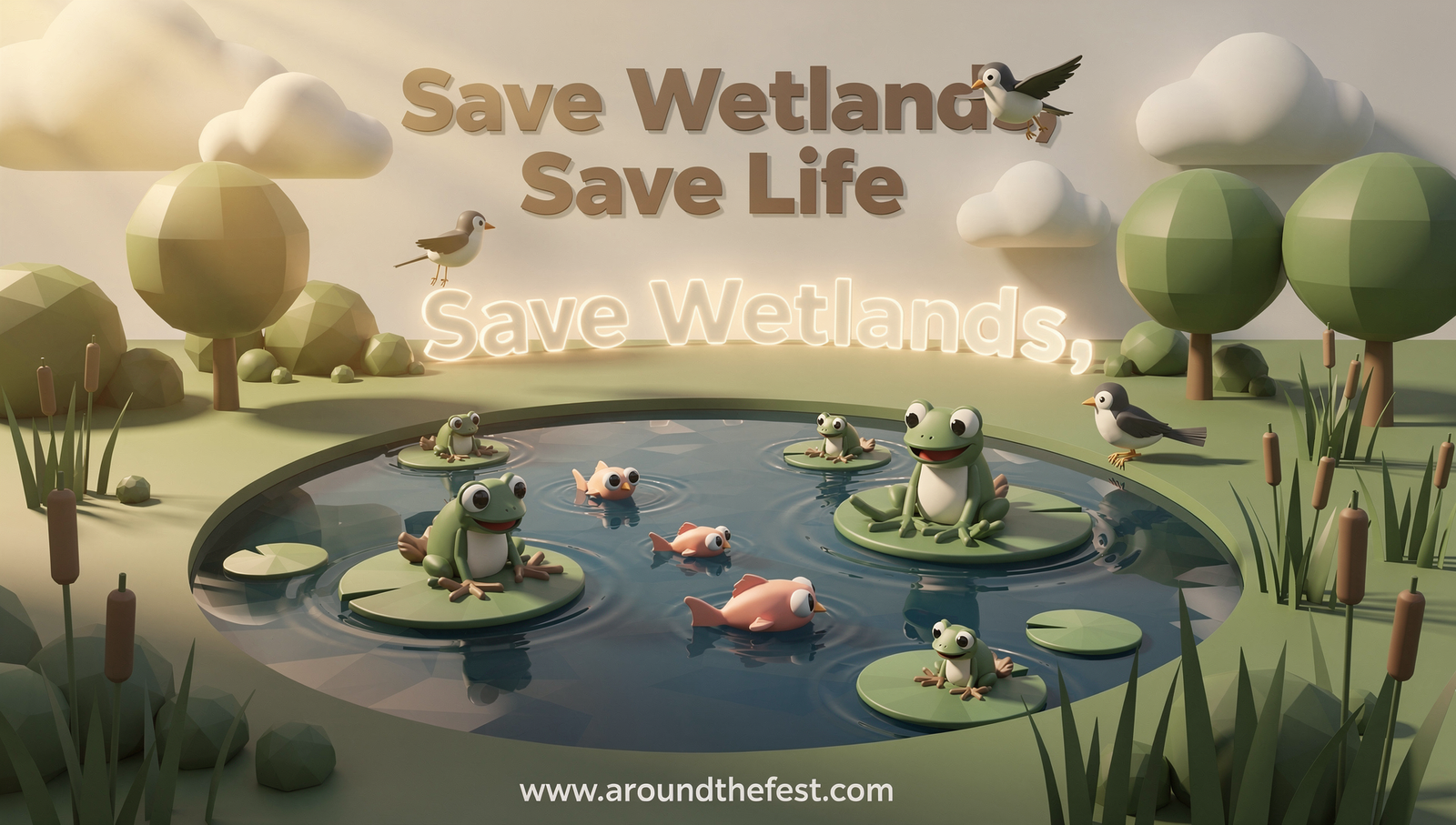World Wetlands Day poster showing a calm wetland with fish, birds, plants, and the slogan “Save Wetlands, Save Life”