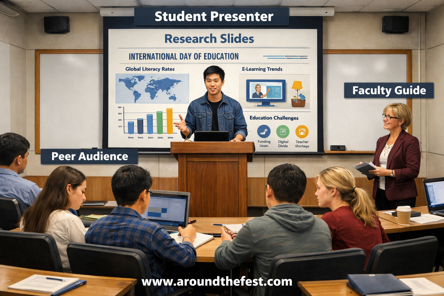 College student presenting research on education topics during an academic seminar while classmates listen and a teacher observes.