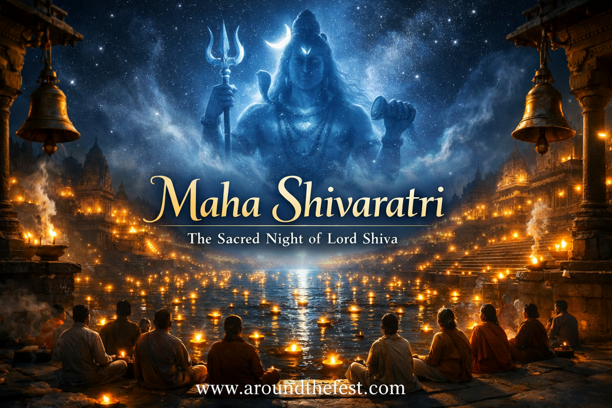 Maha Shivaratri 2026 night scene showing symbolic Lord Shiva above river ghats with devotees praying and oil lamps floating on water