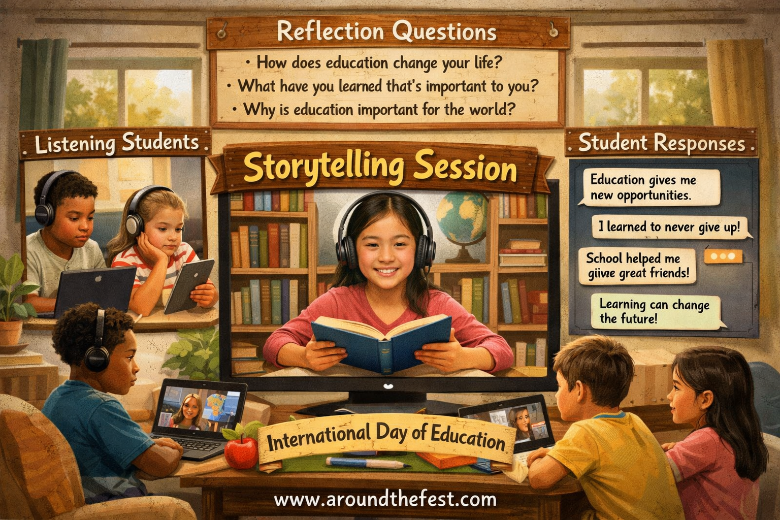 Online storytelling session where students listen to an education-related story and share reflections during International Day of Education activities.