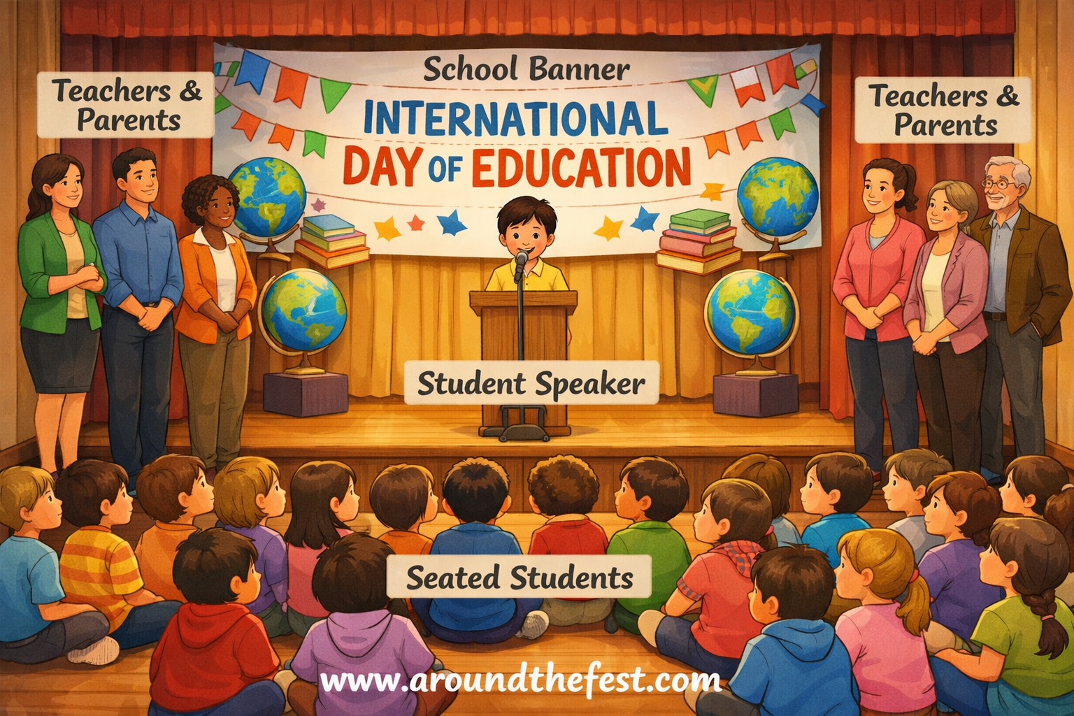 Primary school student giving an International Day of Education speech on stage during school assembly while classmates and teachers listen.