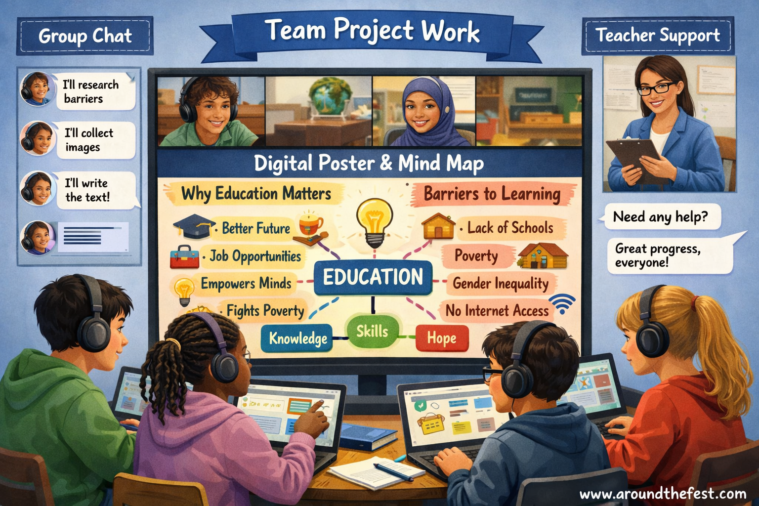 Students collaborating online on digital posters and mind maps about education during International Day of Education virtual classroom activities.