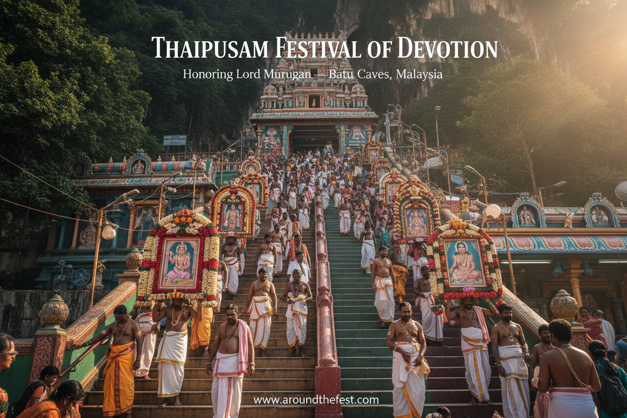 Thaipusam Festival of Devotion at Batu Caves in February 2026 with devotees carrying kavadi while climbing temple steps