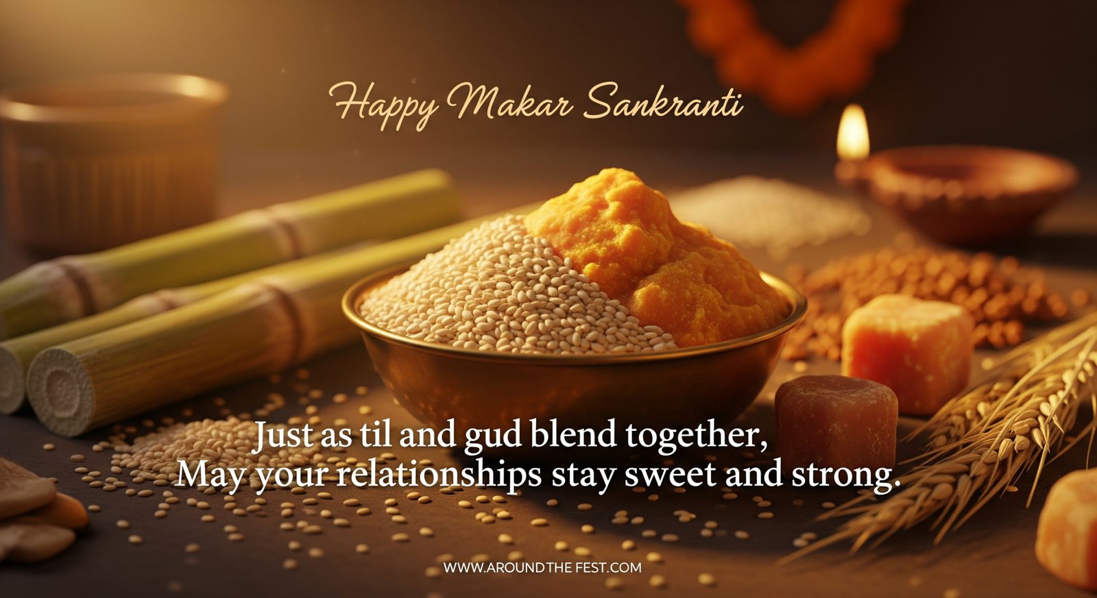 Makar Sankranti image with til and gud in a traditional bowl symbolizing sweet and strong relationships, warm festive mood