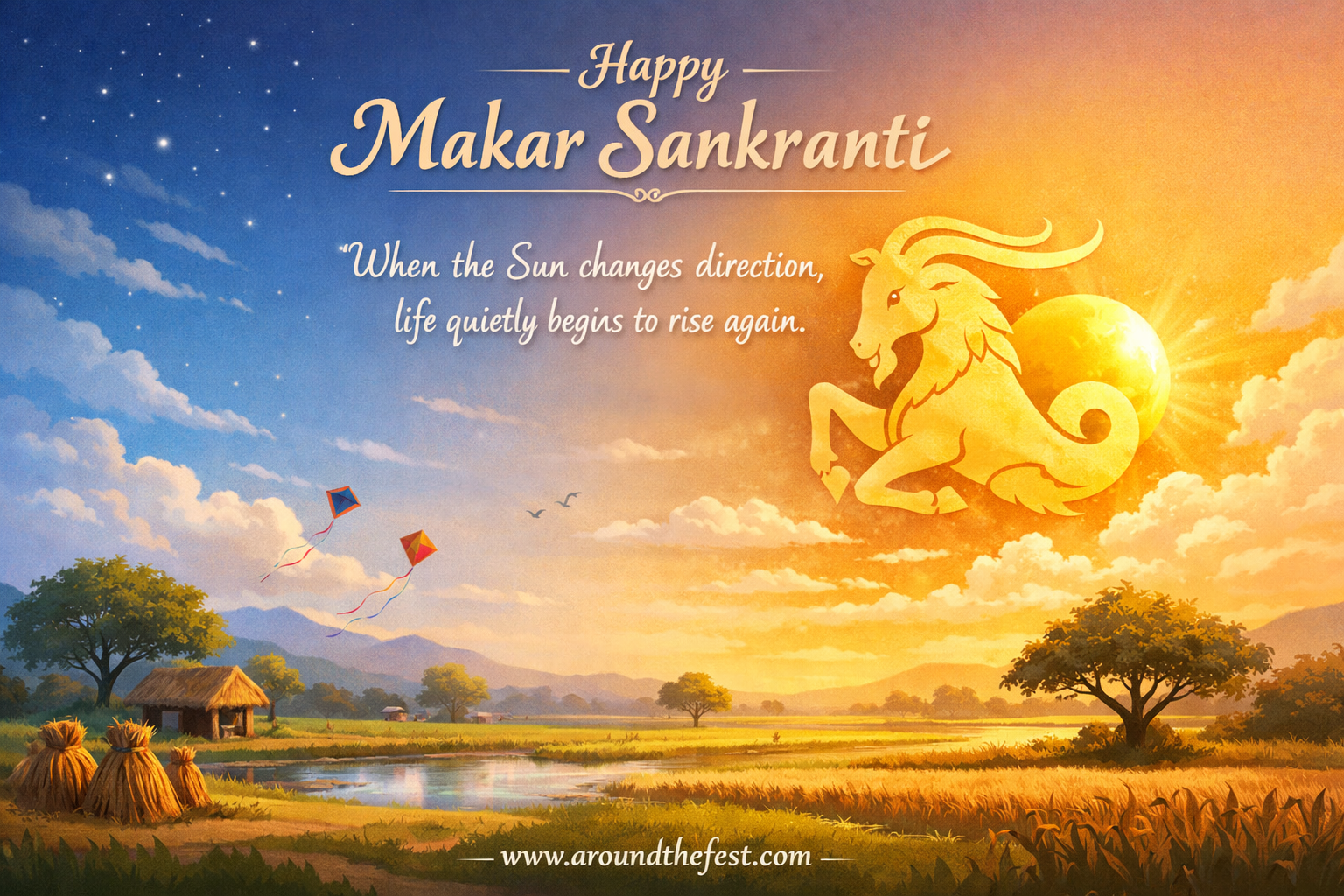 Happy Makar Sankranti illustration showing the Sun moving into Capricorn, warm light replacing winter, and a peaceful Indian countryside symbolizing Uttarayan and new beginnings.