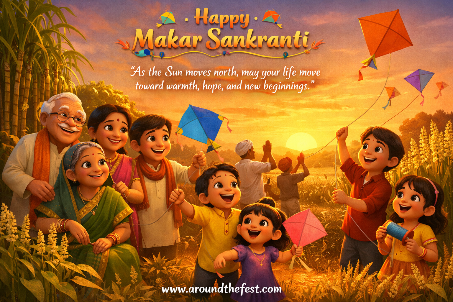 Happy Makar Sankranti celebration with Indian family flying kites at sunrise, golden harvest fields, and the Sun beginning Uttarayan, symbolizing warmth, hope, and new beginnings.