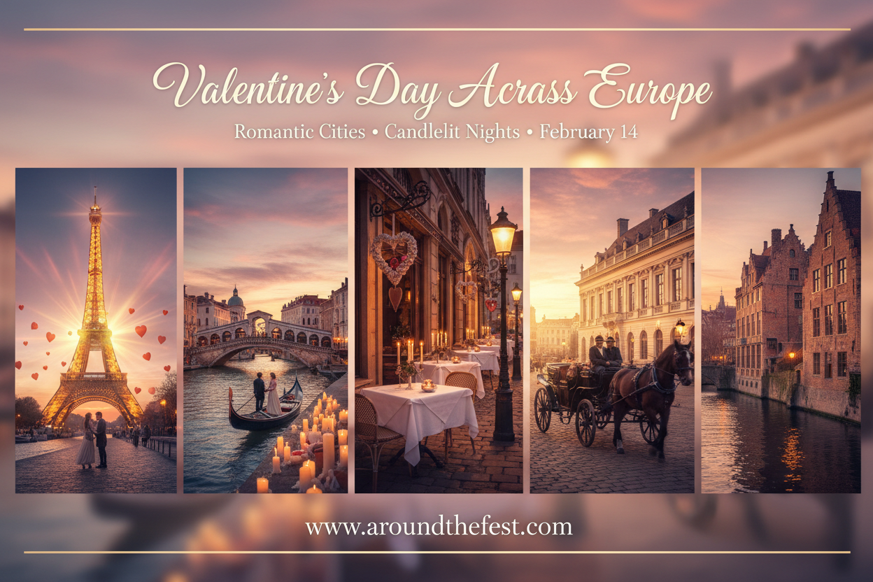 A romantic European city collage at sunset for Valentine’s Day, showing couples walking along the Seine with Eiffel Tower glowing in Paris, a couple on a gondola under candlelight bridges in Venice, cozy café tables with candles in Prague old town, horse-drawn carriage in Vienna near historic palaces, and a quiet canal with medieval buildings in Bruges, soft pink and golden sky, heart-shaped lanterns and warm street lights, dreamy romantic atmosphere, elegant travel photography style, ultra-detailed, soft cinematic glow. Add elegant romantic title text on image: “Valentine’s Day Across Europe” Small subtitle below: “Romantic Cities • Candlelit Nights • February 14” Text should be stylish and classy, clearly readable, blended naturally into the poster design, no watermark, no logos, balanced composition, soft pink, gold and warm night tones, professional travel magazine cover quality, HDR lighting, 16:9 aspect ratio.