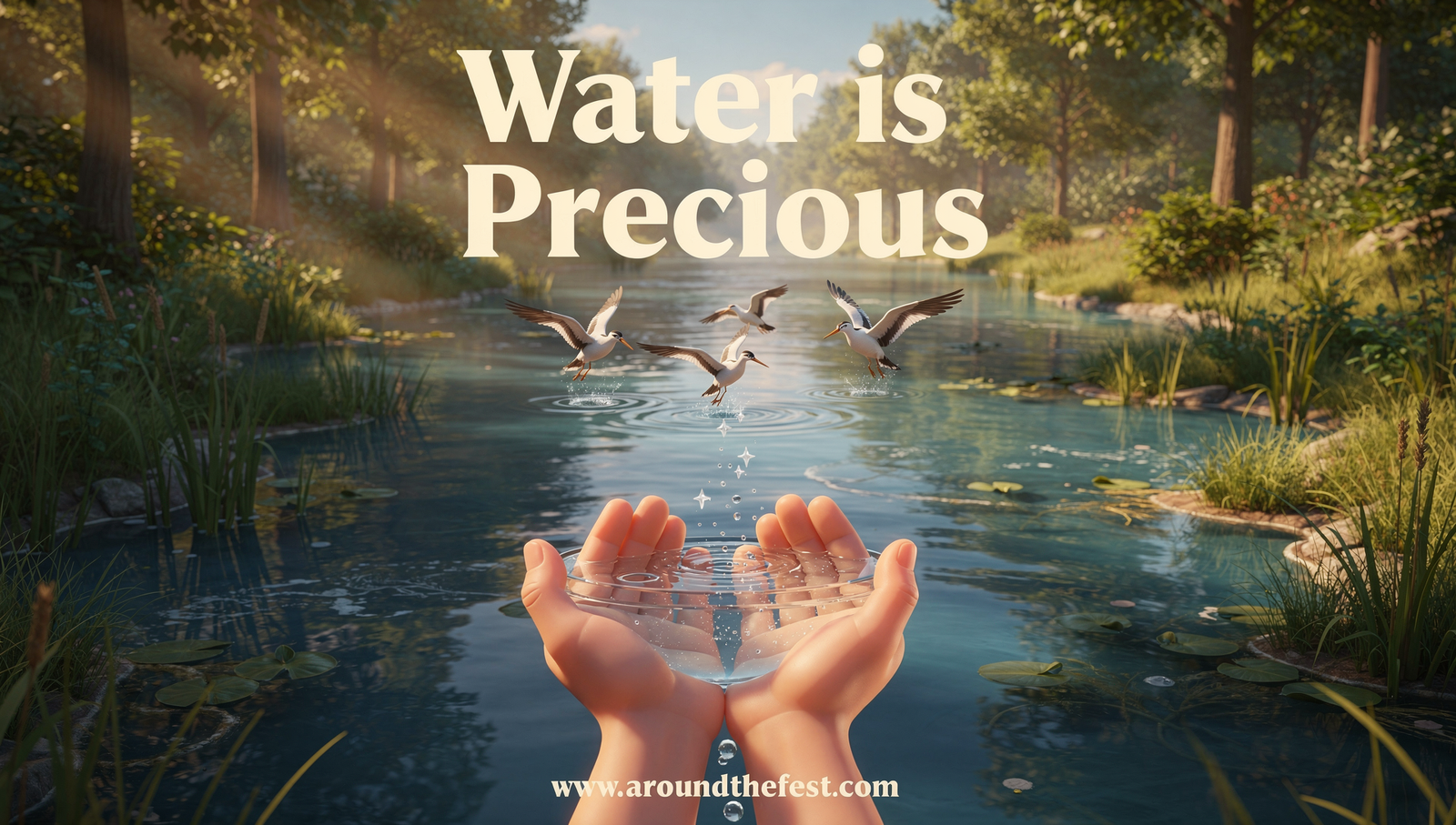 “Water is Precious” poster showing hands protecting wetland water, with reflections of wildlife