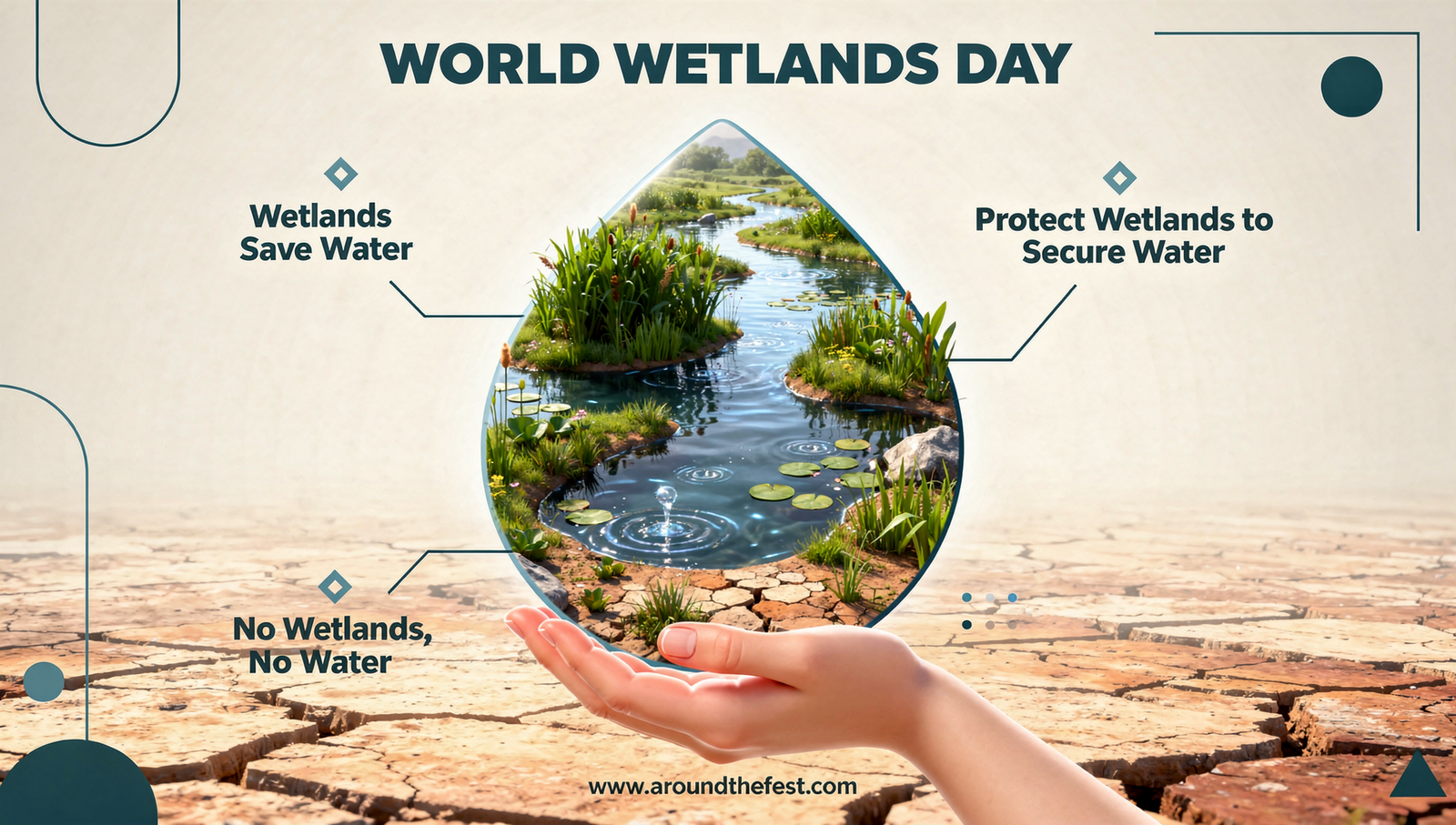 World Wetlands Day poster showing a wetland shaped like a water drop with rivers and healthy water