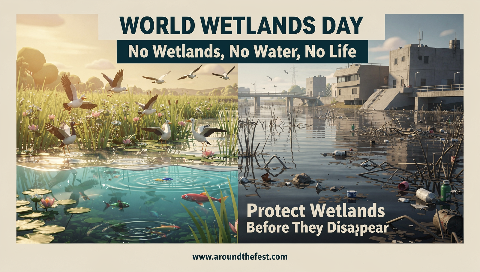 World Wetlands Day poster for Class 7–10 showing wetlands as Earth’s lifeline with strong conservation message