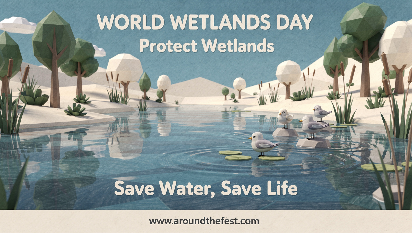 Easy World Wetlands Day poster showing clean water, birds, plants, and a simple conservation slogan