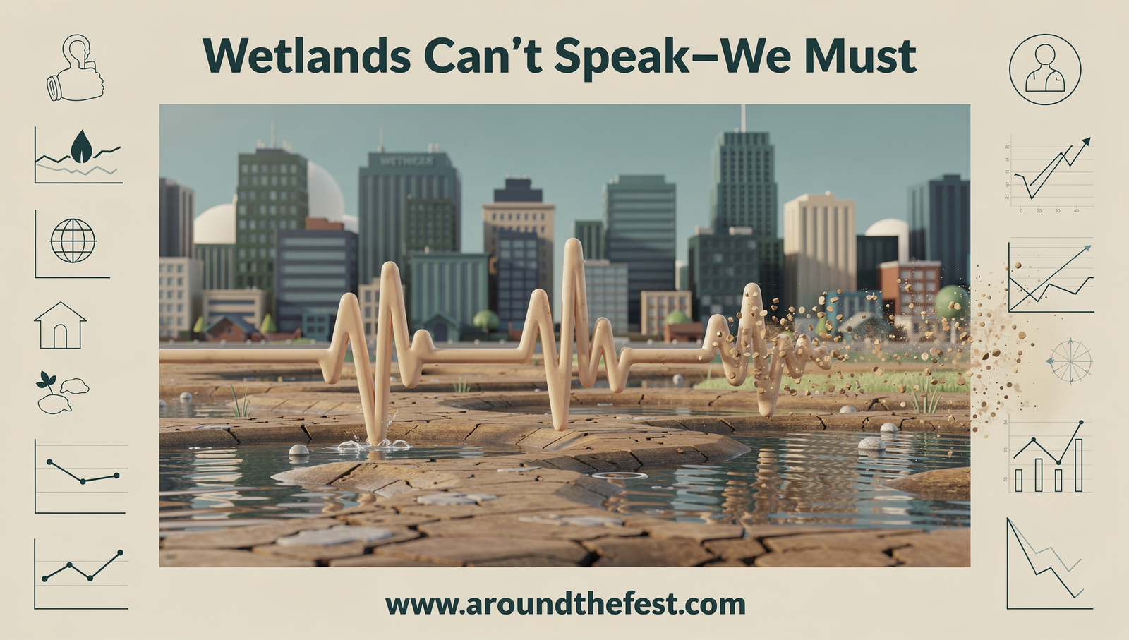 Create a high-impact World Wetlands Day poster designed for college students, focusing on depth, originality, and conceptual storytelling rather than simple drawings. Use a symbolic or abstract visual approach. Possible concepts include: – A drying wetland shaped like a heartbeat or ECG line, fading as water disappears – A city skyline growing over shrinking wetlands, representing unchecked urbanization – Human hands forming a shield around wetlands, symbolizing protection and responsibility Incorporate infographic-style elements or subtle data-inspired visuals (icons, lines, minimal charts) without heavy text. Use a restrained, mature color palette with strong contrast, depth, and negative space to create emotional impact. Maintain a clean, modern poster layout suitable for exhibitions and campaigns. Include short, bold slogan text such as: “Wetlands Can’t Speak—We Must” “Destroy Wetlands, Destroy Tomorrow” “Conservation Starts With Awareness” Poster style should feel professional, research-aware, and thought-provoking. Vertical format, high resolution, minimal yet powerful design.