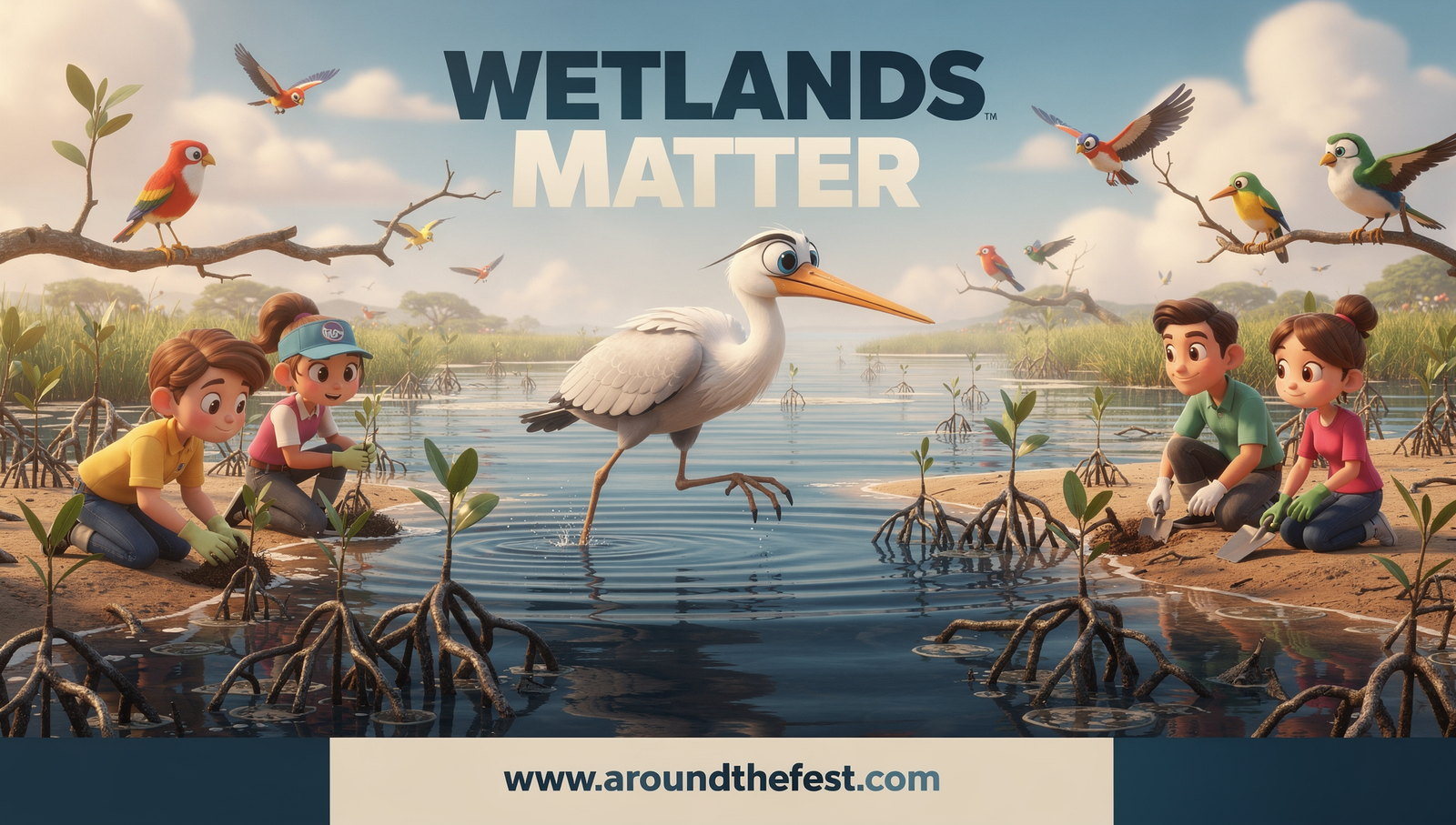 poster featuring volunteers planting mangroves with tidal water and wildlife