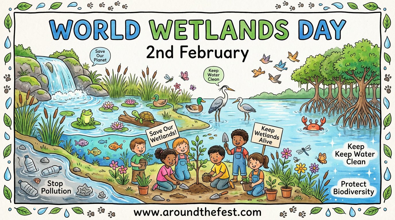 Colorful World Wetlands Day poster showing wetland conservation and biodiversity