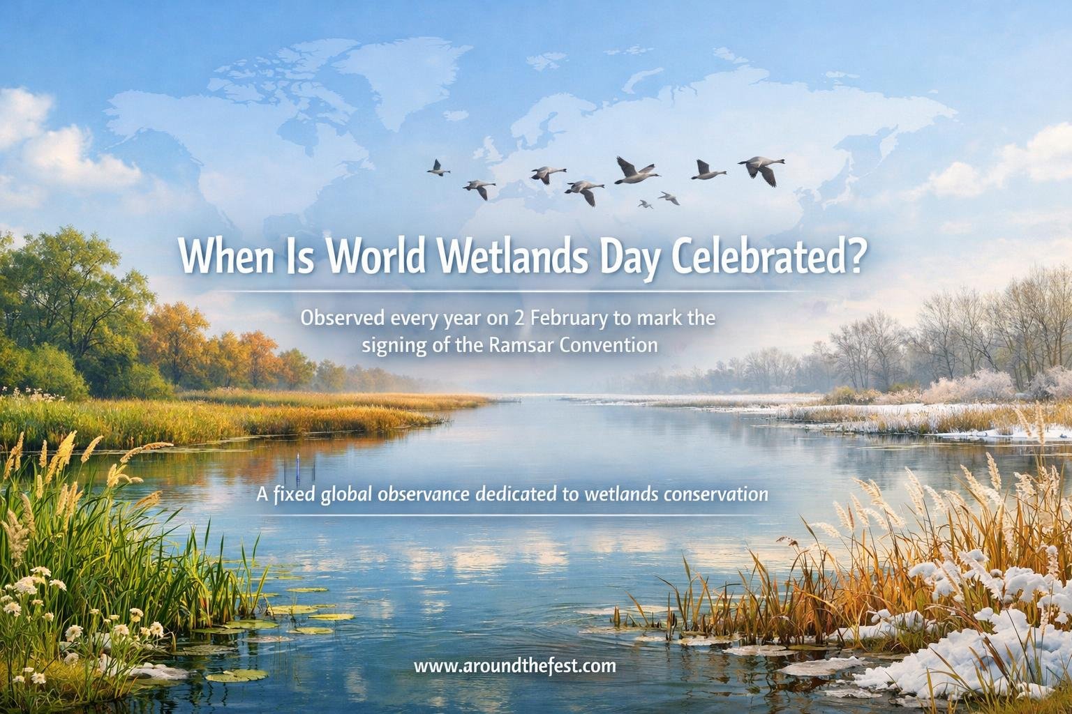 When is World Wetlands Day celebrated image showing a global wetland landscape highlighting 2 February as the annual observance for wetlands conservation