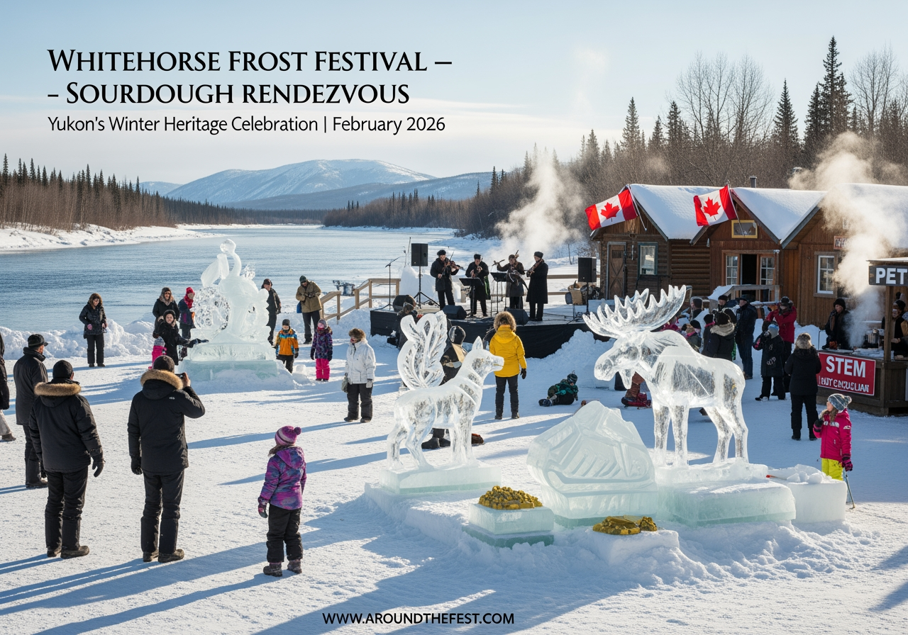 Daytime Whitehorse Frost Festival in Yukon featuring ice sculpture competition, heritage cabins, folk music stage, and winter food stalls