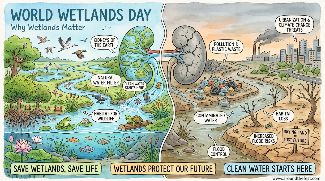 World Wetlands Day poster explaining why wetlands matter, showing clean water, mangroves, birds, fish, and conservation awareness