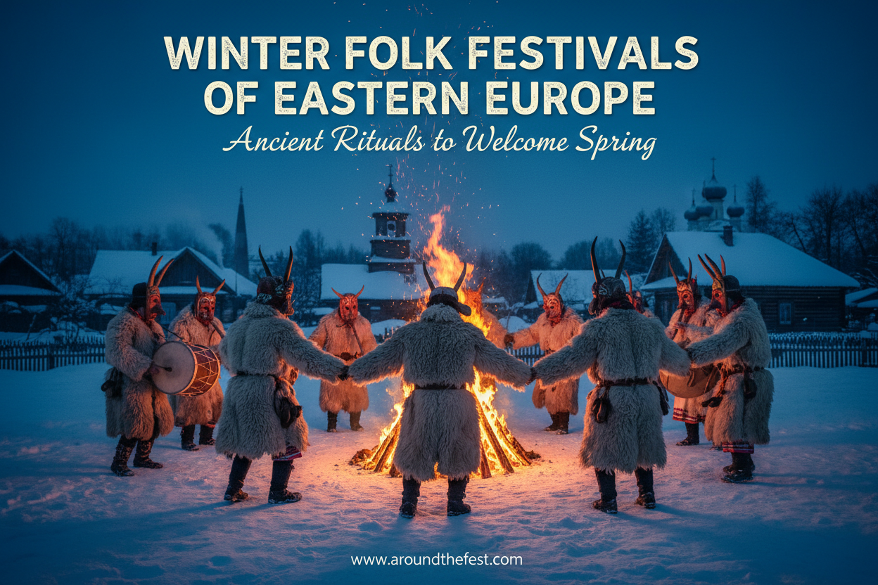 Winter folk festival in Eastern Europe with masked dancers, bonfire rituals, and traditional village costumes