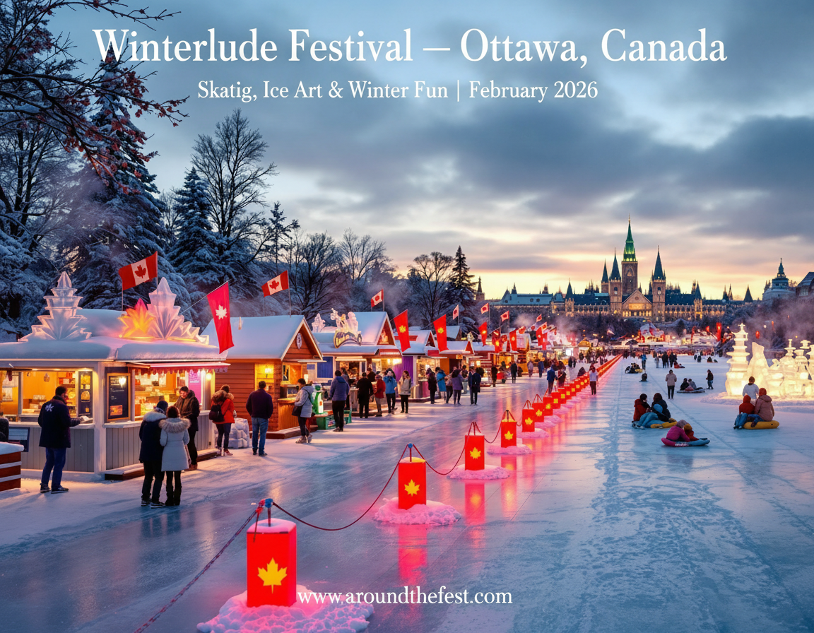 Golden hour view of Winterlude Festival on Ottawa’s Rideau Canal with ice sculptures, lanterns, sledding children, and Parliament in background, February 2026
