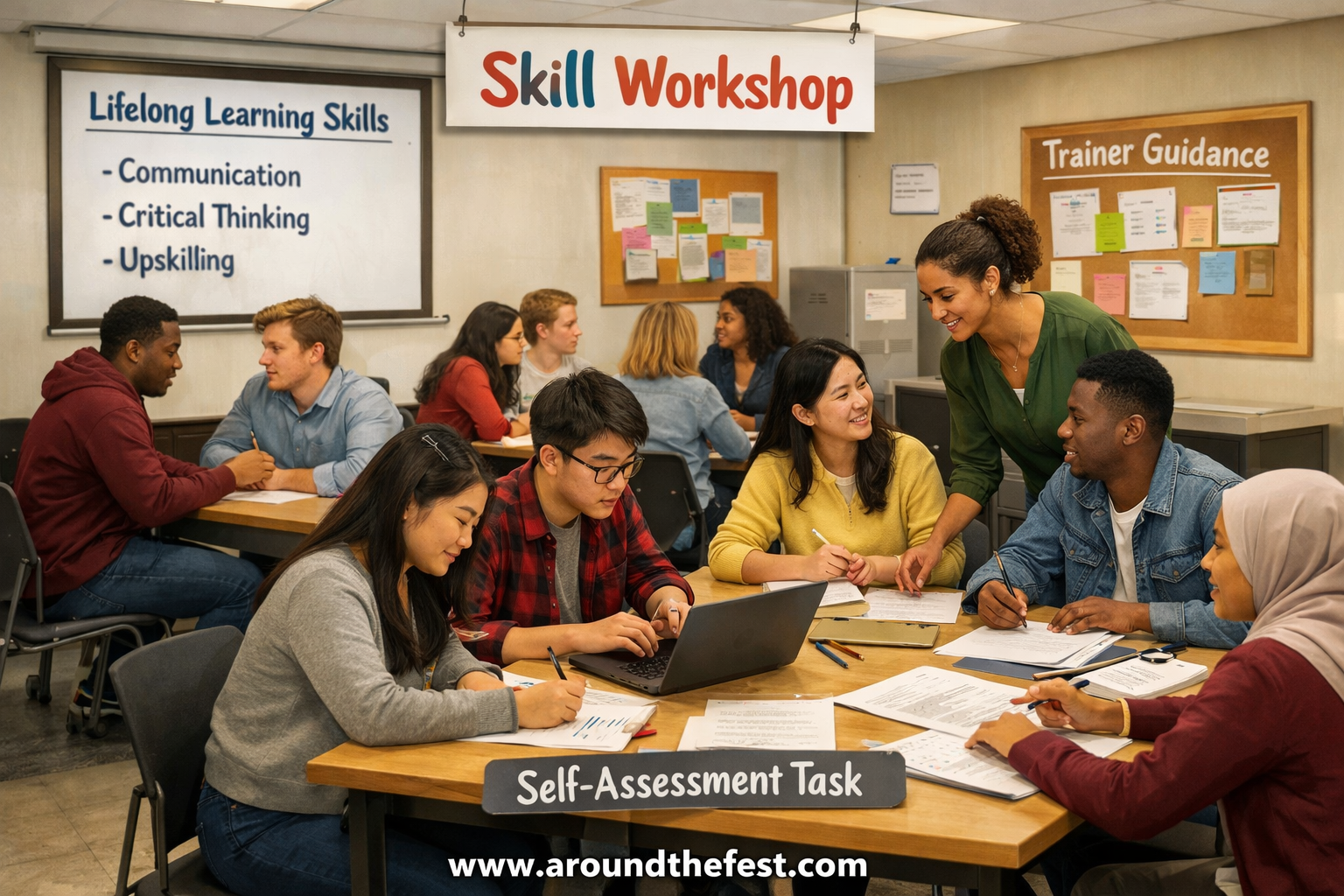 College students participating in a skill development workshop focused on lifelong learning with group activities and trainer support.