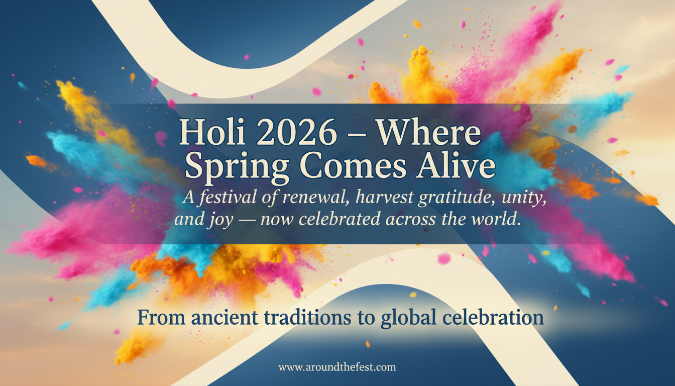 Cinematic Holi 2026 celebration design featuring bright pink, yellow, and blue gulal clouds symbolizing spring, unity, and tradition