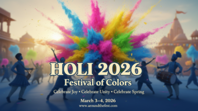 Cinematic Holi 2026 banner featuring a dramatic explosion of pink, yellow, blue, and green gulal powder in the air, joyful silhouettes throwing colors, warm golden sunset lighting, bold “Holi 2026 – Festival of Colors”