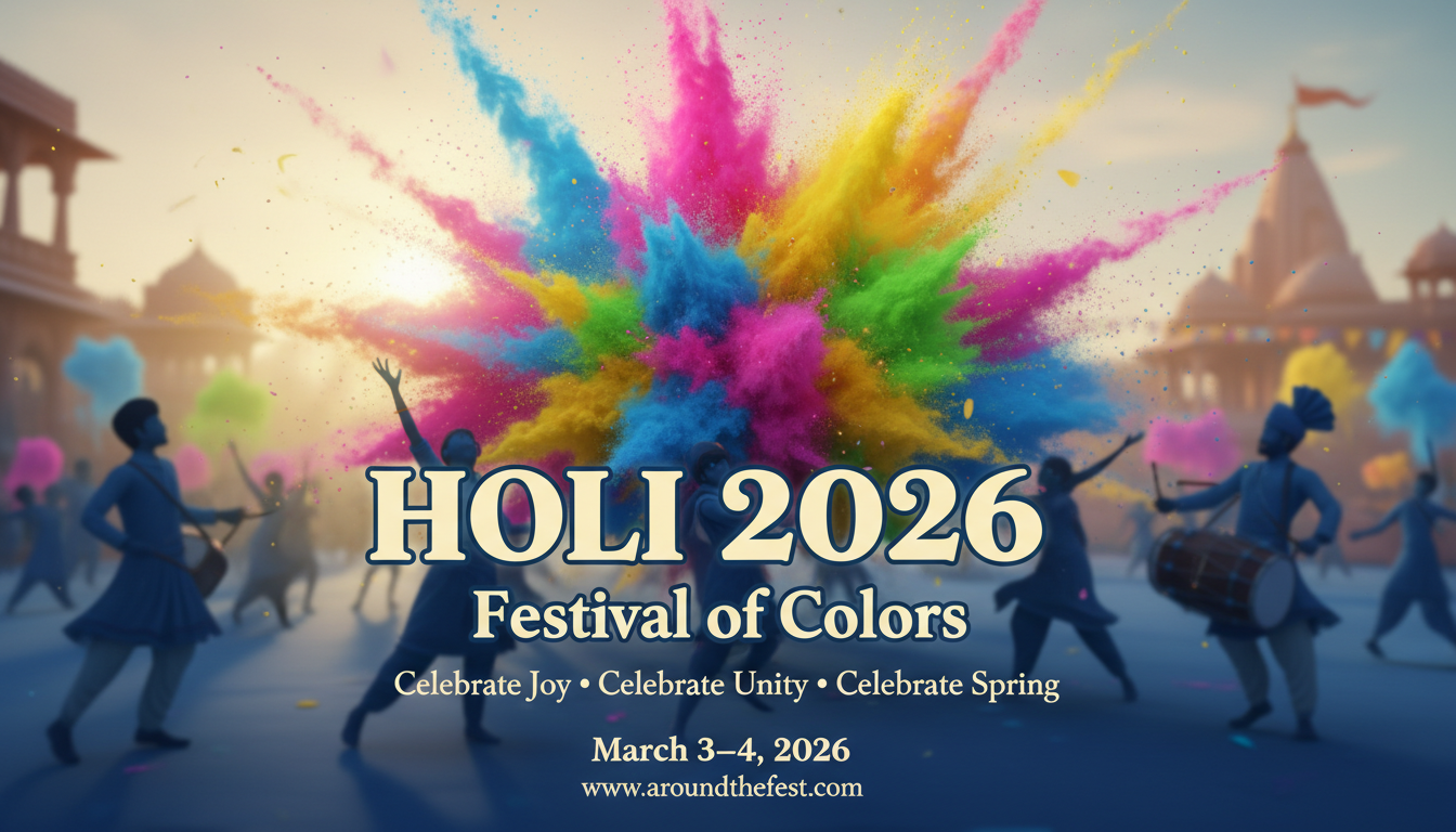 banner featuring a dramatic explosion of pink, yellow, blue, and green gulal powder in the air, joyful silhouettes throwing colors, warm golden sunset lighting, bold “Holi 2026 – Festival of Colors”
