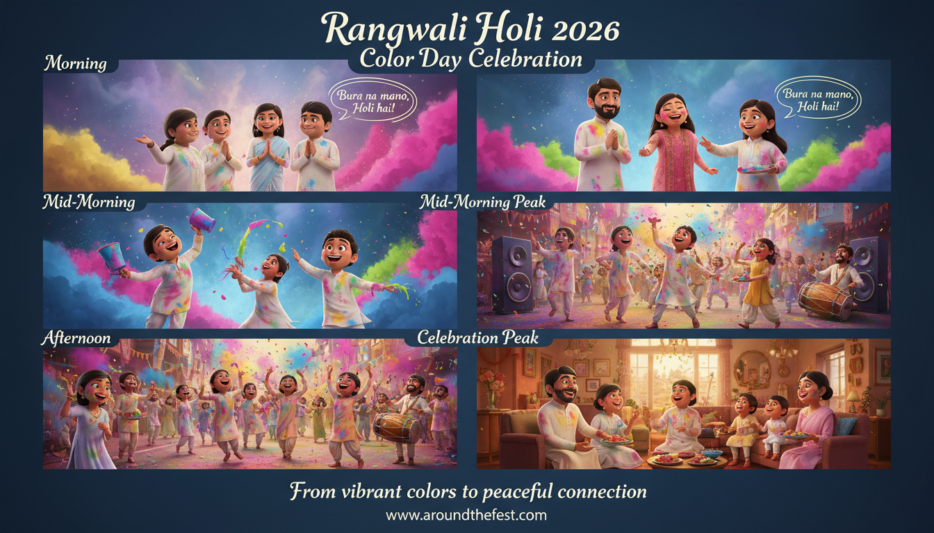 festival graphic with colorful gulal clouds in pink, yellow, blue, and green, featuring short sections for morning greetings, water play, music and dance, and afternoon calm